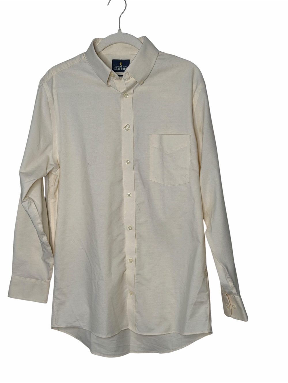 Stafford Dress Shirt Mens 15.5 32-33 Cream Good Wrinkle-Free Oxford Business
